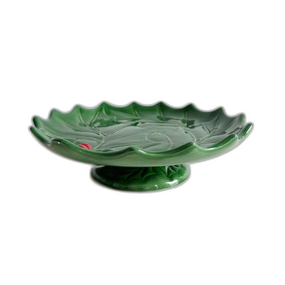 Vintage Holland Mold Green Holly Leaves & Berries Christmas Pedestal Candy Dish